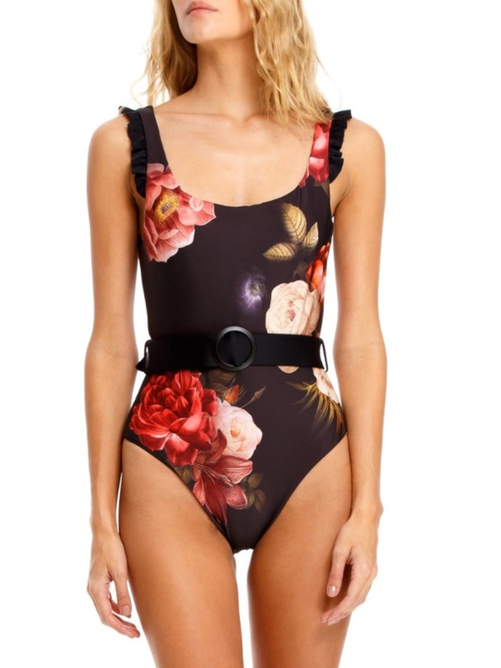 Agua Bendita Shade Nicolette One Piece Swimsuit Floral Black ruffle sz S